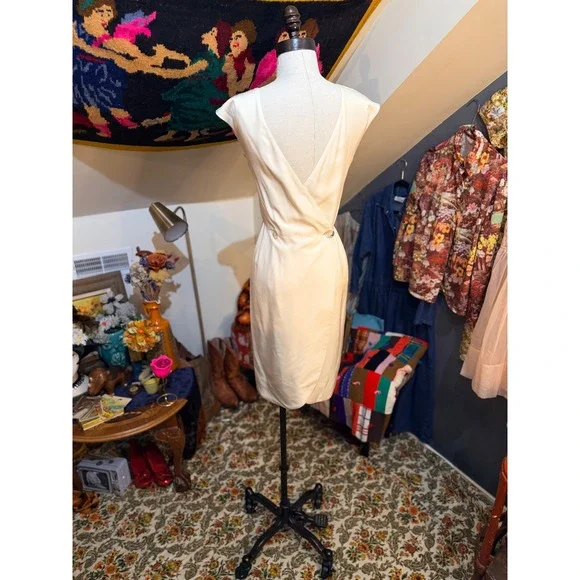 Christy Rilling Studio Cream Silk Wrap Back Sheath Dress Ivory Cap Sleeve - Picture 3 of 9